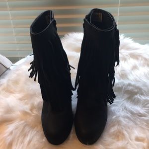 Black Leather Fringe Ankle Boot